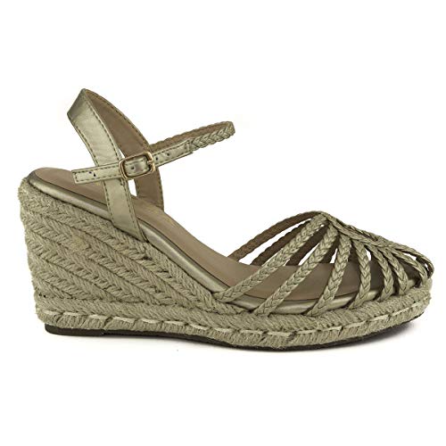 PAYMA - Sandalias Cuñas de Esparto Yute de Mujer. Esparteras. Planta Interior Acolchada. con o Sin Plataforma. Punta Abierta o Cerrada. Cierre Hebilla de Tobillo. Beige, Arcoiris, Oro y Plata