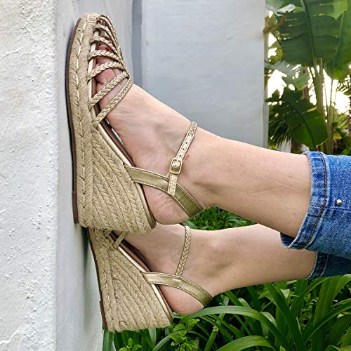 PAYMA - Sandalias Cuñas de Esparto Yute de Mujer. Esparteras. Planta Interior Acolchada. con o Sin Plataforma. Punta Abierta o Cerrada. Cierre Hebilla de Tobillo. Beige, Arcoiris, Oro y Plata