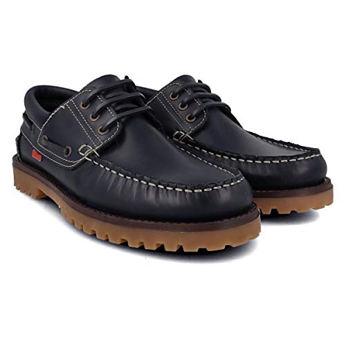 PAYMA - Zapatos Náuticos Sport Casual Hombre, Mujer, Niño. Clásicos 3-Ojales de Piel. Piso de Goma. Tallas Grandes 45 46 47. Cierre Cordones o Velcro. Color: Azul Marino; Talla EU 43
