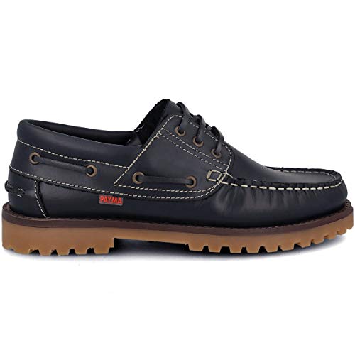 PAYMA - Zapatos Náuticos Sport Casual Hombre, Mujer, Niño. Clásicos 3-Ojales de Piel. Piso de Goma. Tallas Grandes 45 46 47. Cierre Cordones o Velcro. Color: Azul Marino; Talla EU 43