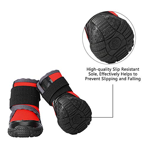 PETLOFT Botas para Perros, 4pcs Antideslizante Botas Perro con Correa de Cierre Adjustable para Perros Pequeños Medianos Grandes, Fácil de Poner Perro Protector Pata (L, Rojo)