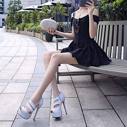 Phorecys - Sandalias de tacón alto para mujer con plataforma y puntera abierta, para fiesta, formal, con cremallera lateral, tacón, color Plateado, talla 38.5 EU