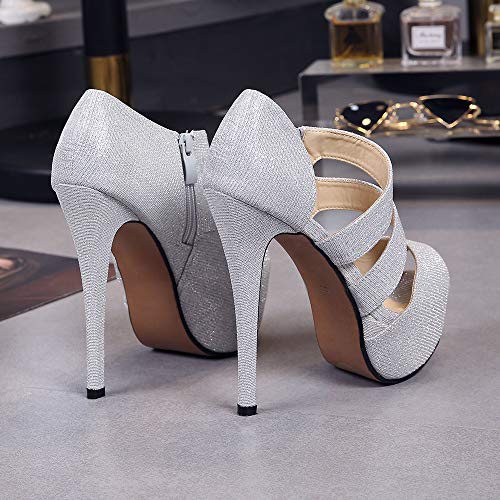Phorecys - Sandalias de tacón alto para mujer con plataforma y puntera abierta, para fiesta, formal, con cremallera lateral, tacón, color Plateado, talla 38.5 EU