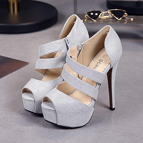 Phorecys - Sandalias de tacón alto para mujer con plataforma y puntera abierta, para fiesta, formal, con cremallera lateral, tacón, color Plateado, talla 38.5 EU