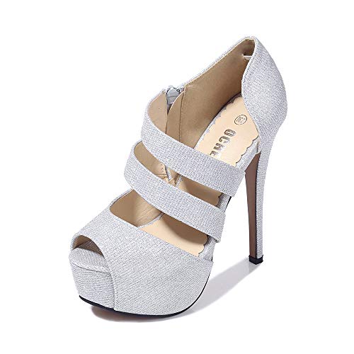 Phorecys - Sandalias de tacón alto para mujer con plataforma y puntera abierta, para fiesta, formal, con cremallera lateral, tacón, color Plateado, talla 38.5 EU
