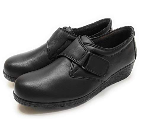 Pie de Angel 7540 - Zapato Comodón Mujer en Piel Negro con Velcro y Cuña Baja - Hecho en Elche | Mocasín para Trabajos de Pié | Especial para Pies Delicados (35)
