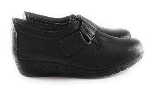 Pie de Angel 7540 - Zapato Comodón Mujer en Piel Negro con Velcro y Cuña Baja - Hecho en Elche | Mocasín para Trabajos de Pié | Especial para Pies Delicados (35)