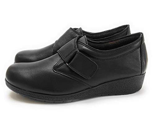 Pie de Angel 7540 - Zapato Comodón Mujer en Piel Negro con Velcro y Cuña Baja - Hecho en Elche | Mocasín para Trabajos de Pié | Especial para Pies Delicados (35)