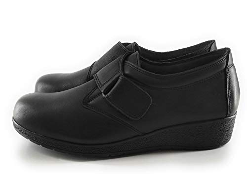 Pie de Angel 7540 - Zapato Comodón Mujer en Piel Negro con Velcro y Cuña Baja - Hecho en Elche | Mocasín para Trabajos de Pié | Especial para Pies Delicados (35)