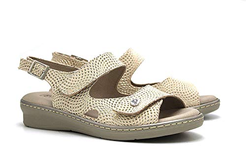 PITILLOS - Sandalias de Piel con Velcro Suela de Goma, Plantilla Extraible, Ancho Especial, para: Mujer Color: Oro Talla:37