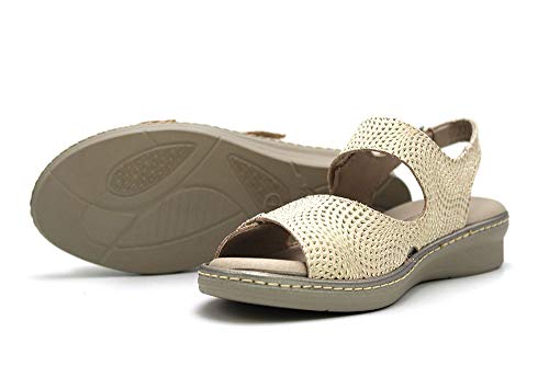PITILLOS - Sandalias de Piel con Velcro Suela de Goma, Plantilla Extraible, Ancho Especial, para: Mujer Color: Oro Talla:37