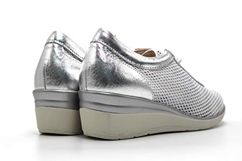 PITILLOS - Zapato Deportivo Casual, Sneakers de cordón elástico, cuña y Plataforma. Fabricado en Piel, para: Mujer Color: Plata Talla:37