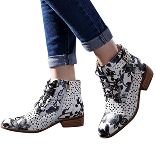 POLP Botines de Tacón Bajo Invierno Vintage Cómodas Botas de Tacón Bajo con Cremallera Mujer Clásicas Zapatos de Tacón Ancho Estampado de Flor Zapatilla Alta Botas de Cuero Artificial