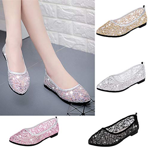 POLP Zapatos Planos de Encaje para Mujer,Sandalias Plano Transpirable Playa Casual,Sandalias Mujer Verano 2019 Tacon Fiesta Suave y cómodo Sandalias de Danza Negro Plata 35-39 (2Negro, CN:37)