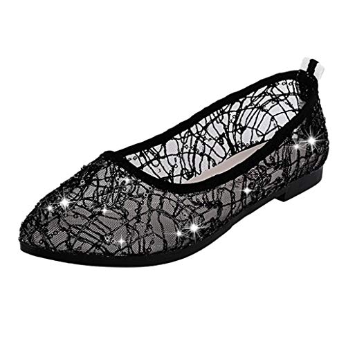 POLP Zapatos Planos de Encaje para Mujer,Sandalias Plano Transpirable Playa Casual,Sandalias Mujer Verano 2019 Tacon Fiesta Suave y cómodo Sandalias de Danza Negro Plata 35-39 (2Negro, CN:37)