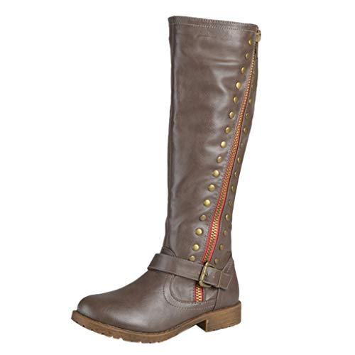 Posional Botas Largas Mujer Rodilla para Botines Altas Vintage de Cuero Zapatos Largos hasta Las Rodillas Casuales Invierno Moda Cremallera Hebilla Cinturón largas Motocicleta Retro cálidas