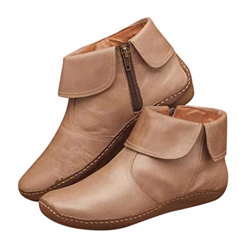 Posional Botas Retro Mujer Navidad Vintage Zapatos Planos de Cuero con Cremallera y Punta Redonda para Ladies Botas Nuevas con Soporte de Arco Piel Impermeable de la Nieve del Invierno