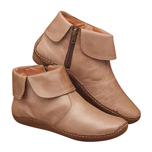 Posional Botas Retro Mujer Navidad Vintage Zapatos Planos de Cuero con Cremallera y Punta Redonda para Ladies Botas Nuevas con Soporte de Arco Piel Impermeable de la Nieve del Invierno
