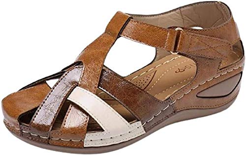 QDY Sandalias de Verano con cuña de Cuero para Mujer Zapatos de Plataforma con Punta Cerrada Cómodas Sandalias de cuña Deportivas Ajustables al Aire Libre Sandalias cómodas Casuales para CAM