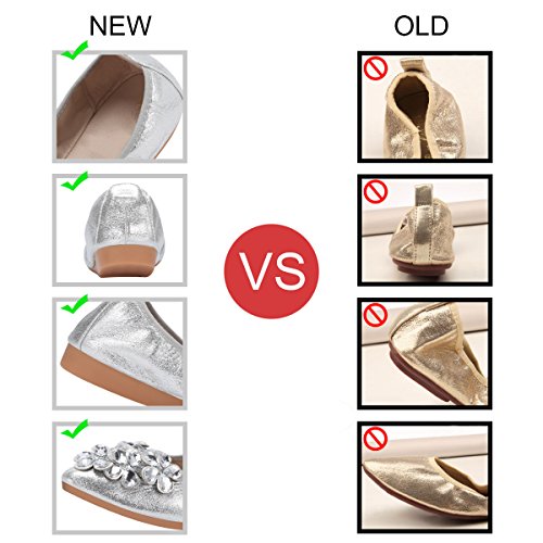 QIMAOO Mujeres Plegable Zapatos de Ballet Zapatillas de Baile Plegable Bombas Rhinestone Zapatos de Verano, Portátil y Cómodo para Fiesta de Boda Nupcial, Plateado, 37 EU