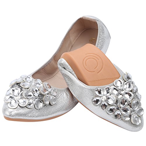 QIMAOO Mujeres Plegable Zapatos de Ballet Zapatillas de Baile Plegable Bombas Rhinestone Zapatos de Verano, Portátil y Cómodo para Fiesta de Boda Nupcial, Plateado, 37 EU