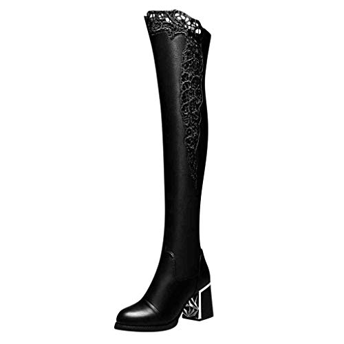 QUICKLYLy Botas Altas De Mujer Rodilla Invierno 2019,Bota Altas Planas Tacon Cuña Piel Vestir,Botines Altas Baratas Bordadas hasta Rodilla Encaje Bordado Cuadrados Tacón Alto(Negro,38CN)