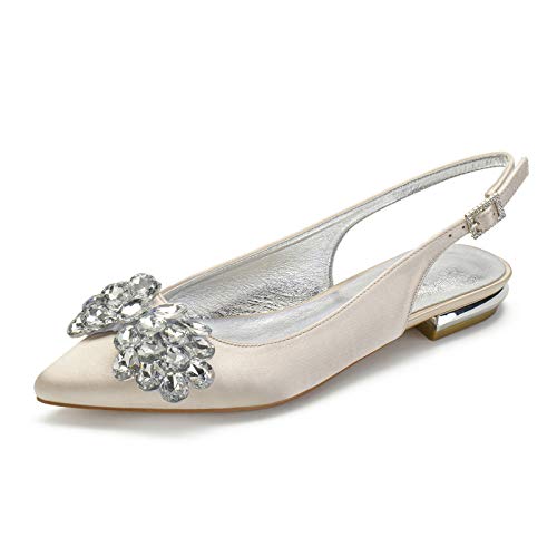 QXue Bailarinas Novia para Mujer Satén con Diamantes De Imitación Slingback Noche Zapatos De Boda Fiesta Zapatos Planos 36-43,Champagne,37 EU