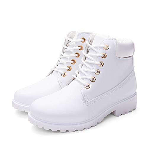 QXue Botas Nieve Mujer Otoño Invierno Calentar Piel Forro Botines Retro Snow Boots Cordones Zapatillas Planas,Blanco,36EU