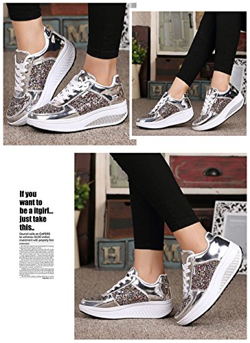 QZBAOSHU Mujer Adelgazar Zapatos Sneakers para Caminar Zapatillas Aptitud Cuña Plataforma Zapatos 38 EU 3-Plata