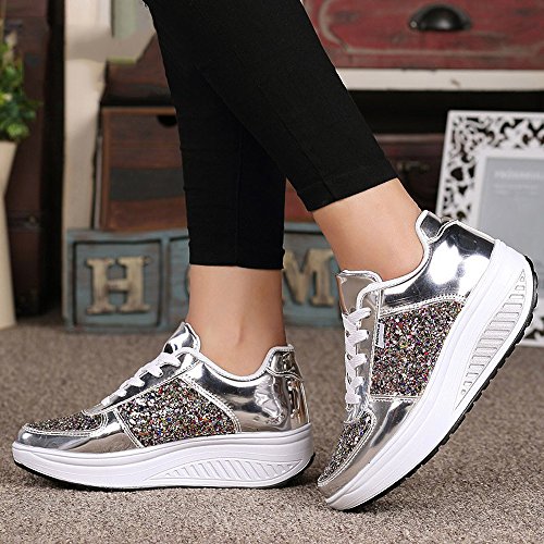 QZBAOSHU Mujer Adelgazar Zapatos Sneakers para Caminar Zapatillas Aptitud Cuña Plataforma Zapatos 38 EU 3-Plata