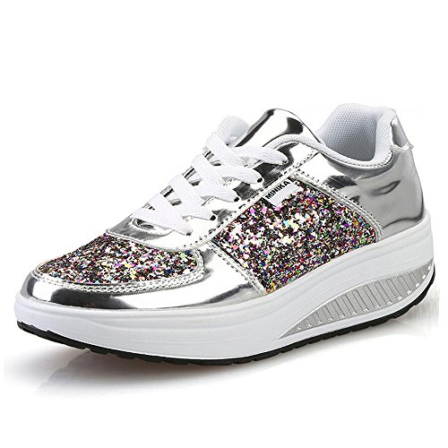 QZBAOSHU Mujer Adelgazar Zapatos Sneakers para Caminar Zapatillas Aptitud Cuña Plataforma Zapatos 38 EU 3-Plata