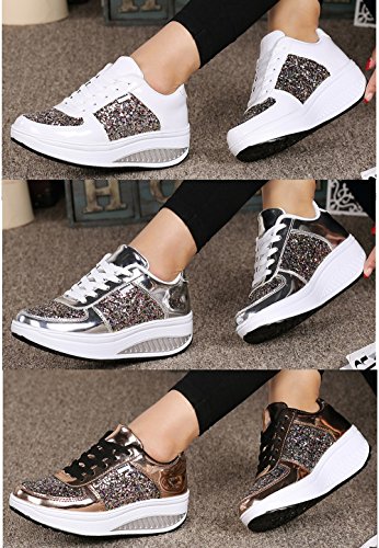 QZBAOSHU Mujer Adelgazar Zapatos Sneakers para Caminar Zapatillas Aptitud Cuña Plataforma Zapatos 38 EU 3-Plata