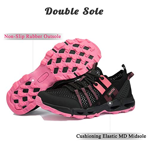 Ranberone Zapatos de Deporte al Aire Libre Antideslizantes para Mujer Zapatos de Agua de Malla Transpirable Zapatos de Senderismo Zapatos para Caminar de Verano Rosa Negro 41