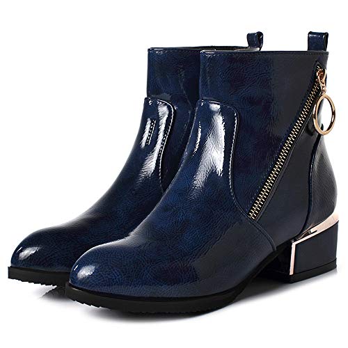 RAZAMAZA Mujer Elegante Botas Cortas Tacón Medio Puntiagudo Botas De Tobillo Chunky Tacón Oficina Botas Solido Cremallera Blue Size 38 Asian
