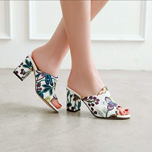 RAZAMAZA Mujer Moda Mules Sandalias Tacón Ancho Verano Punta Abierta Mulas Zapatos De Noche Flores Blue Talla 38 Asian