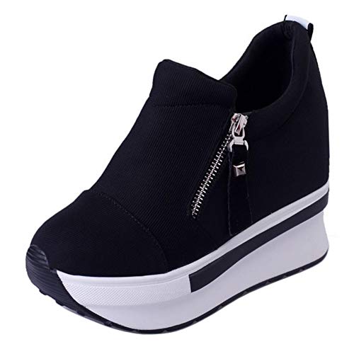 RAZAMAZA Mujer Moda Plataforma Zapatos Low Top Tacón De Cuña Zapatillas Pumps Suela Gruesa Caminar Zapatos Cremalleras Black Talla 39 Asian