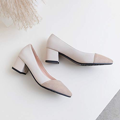 RAZAMAZA Mujer Moda Puntiagudo Zapatos de la Corte Tacón Ancho sin Cordones Basic Bombas Zapatos Comodo Fiesta Zapatos Beige Talla 34 Asiática