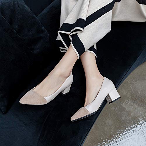 RAZAMAZA Mujer Moda Puntiagudo Zapatos de la Corte Tacón Ancho sin Cordones Basic Bombas Zapatos Comodo Fiesta Zapatos Beige Talla 34 Asiática