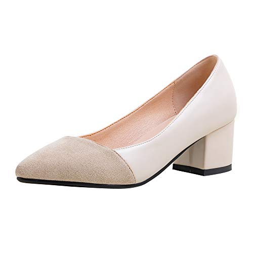RAZAMAZA Mujer Moda Puntiagudo Zapatos de la Corte Tacón Ancho sin Cordones Basic Bombas Zapatos Comodo Fiesta Zapatos Beige Talla 34 Asiática