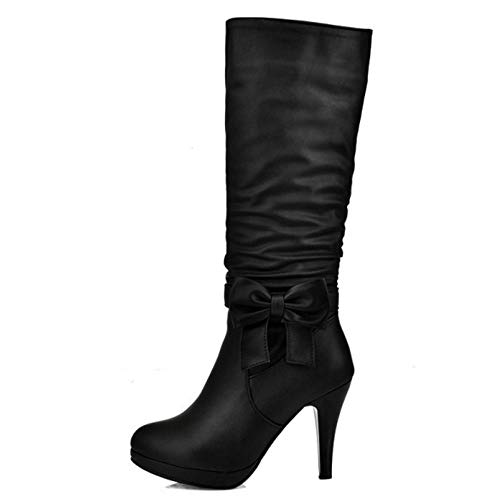 RAZAMAZA Mujer Moda Tacón de Aguja Botas Largas Lazos Botas Plisadas Oficina Botas Altas Black Talla 39 Asian