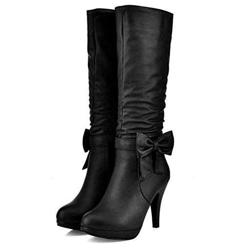 RAZAMAZA Mujer Moda Tacón de Aguja Botas Largas Lazos Botas Plisadas Oficina Botas Altas Black Talla 39 Asian