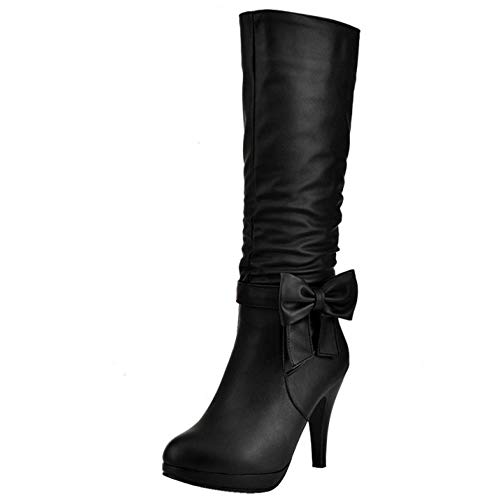 RAZAMAZA Mujer Moda Tacón de Aguja Botas Largas Lazos Botas Plisadas Oficina Botas Altas Black Talla 39 Asian