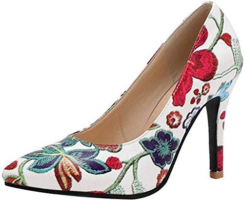 RAZAMAZA Mujer Moda Tacón de Aguja Fiesta Vestido Zapatos Tacón Alto Pumps sin Cordones Bombas Zapatos Floral Impresión Blue Talla 41 Asian