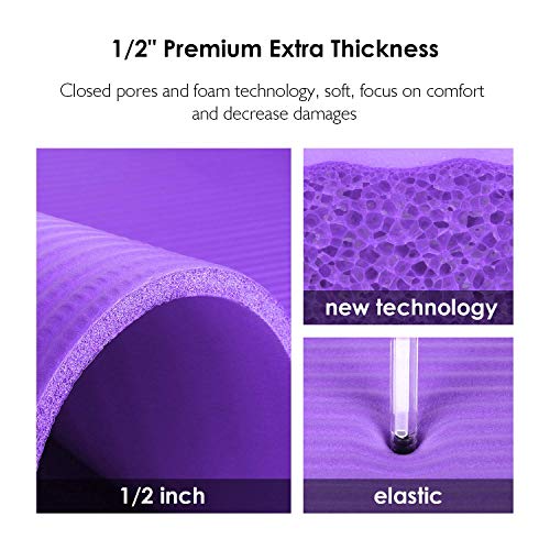 REEHUT Esterilla de Ejercicio NBR Fitness Yoga esterillas – 12 mm Extra Gruesa de Alta Densidad Multiusos para Pilates, Fitness y Entrenamiento con Correa de Transporte (Morado)