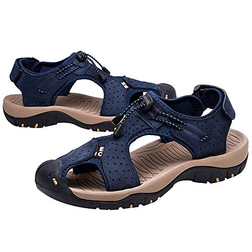 Rismart Hombre Punta Cerrado Gancho y Bucle Al Aire Libre Excursionismo Cuero Zapatos Sandalias y Chanclas SN1505(Azul Marino,44.5 EU)
