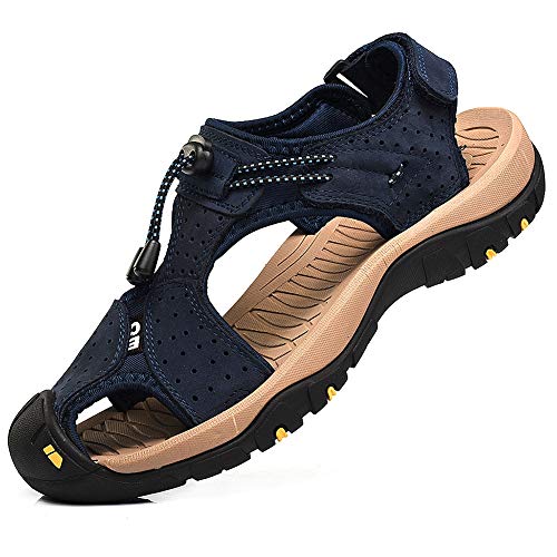 Rismart Hombre Punta Cerrado Gancho y Bucle Al Aire Libre Excursionismo Cuero Zapatos Sandalias y Chanclas SN1505(Azul Marino,44.5 EU)