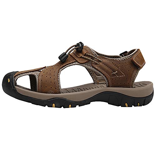 Rismart Hombre Punta Cerrado Gancho y Bucle Al Aire Libre Excursionismo Cuero Zapatos Sandalias y Chanclas SN1505(Marrón,43 EU)