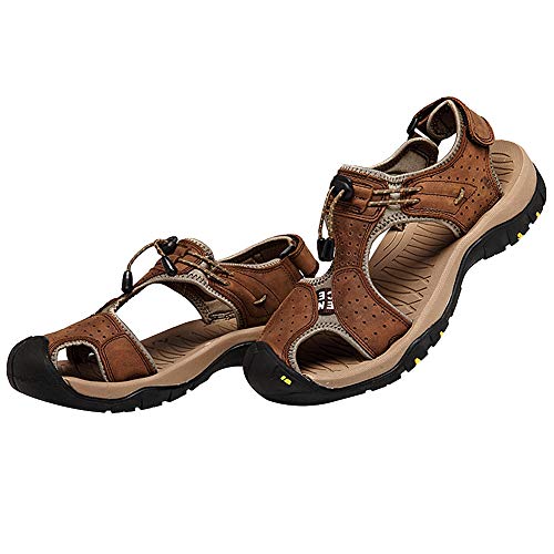 Rismart Hombre Punta Cerrado Gancho y Bucle Al Aire Libre Excursionismo Cuero Zapatos Sandalias y Chanclas SN1505(Marrón,43 EU)