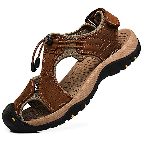 Rismart Hombre Punta Cerrado Gancho y Bucle Al Aire Libre Excursionismo Cuero Zapatos Sandalias y Chanclas SN1505(Marrón,43 EU)