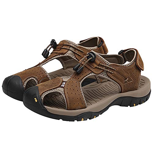 Rismart Hombre Punta Cerrado Gancho y Bucle Al Aire Libre Excursionismo Cuero Zapatos Sandalias y Chanclas SN1505(Marrón,43 EU)